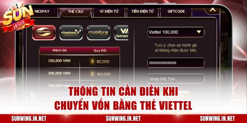 Thông tin cần điền khi chuyển vốn bằng thẻ Viettel
